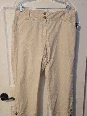 Rafaella Cropped Ankle Button Beige Stripped  Pants